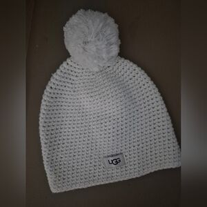 UGG White Knit Beanie with Pom